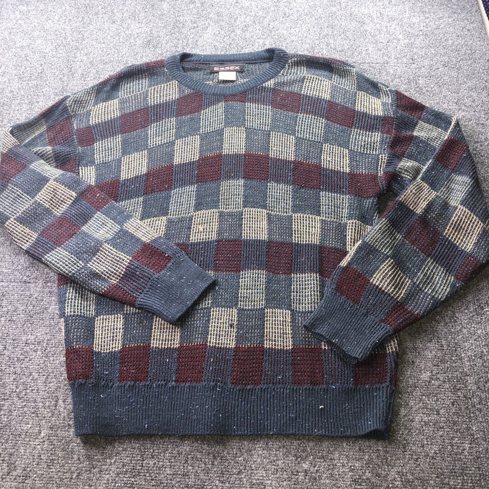 Vintage Essex Mens XL (Medium) Checkered‎ Block Knit Sweater Navy Blue Burgundy